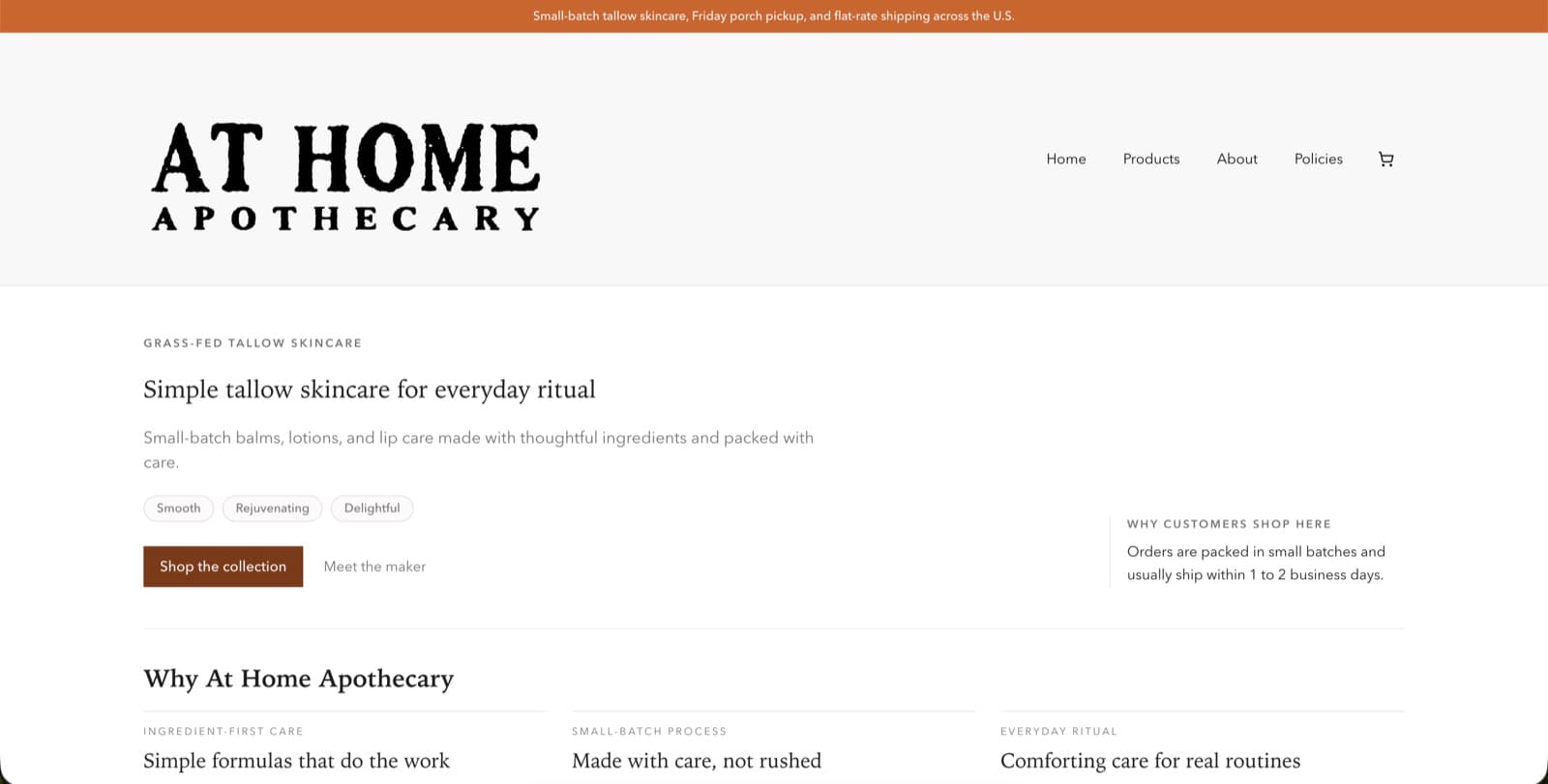 At Home Apothecary storefront landing page with a branded header, announcement bar, navigation, hero copy, and trust messaging.